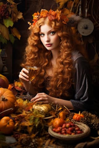 Woman with red hair holding a glass of wine in front of a table with pumpkins and wearing a wreath of leaves.