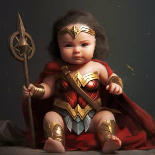 A baby born in the United States of America dressed as Wonder Woman and holding a spear.