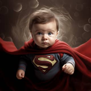 A baby boy is dressed as Superman with a red cape.