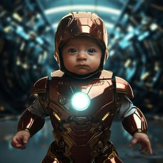 A baby dressed in an Iron Man costume.