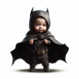 A baby dressed as Batman in a costume with open cape.