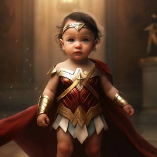 A baby dressed as Wonder Woman standing in a room.