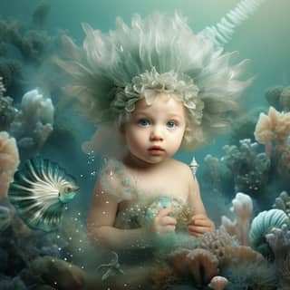 A baby girl in a mermaid costume sits in the water with fish.