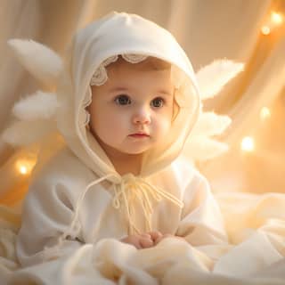 A baby girl wearing a white outfit with angel wings.