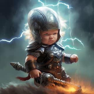 baby thor with lightning in the background.