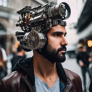 A bearded man wearing a steam-powered helmet made of metal parts.