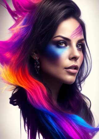A beautiful woman with colorful hair and makeup looks into the camera, revealing the beauty of her face.