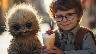 A boy with glasses holding a waffle cup and a stuffed animal.