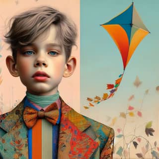 A boy wearing a colorful suit and tie is flying a kite.