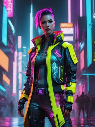 cyberpunk 2077, neon lights, cyberpunk girl with neon pink hair