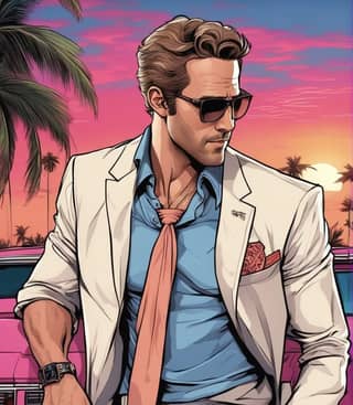 A fictional character from the DC Comics superhero series, in a suit and tie sitting on a pink car.