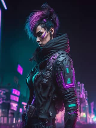 A futuristic cyberpunk woman with neon hair and lights.