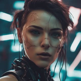 A futuristic look and setting with a cyberpunk theme.