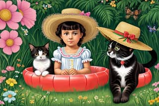 A girl and her cat in a pool with flowers, a child in a boat with two cats, and a little girl in a straw hat with a cat in a pool.