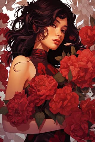A girl with long black hair holding a bunch of red flowers