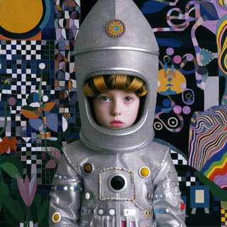 girl in a silver space suit and helmet