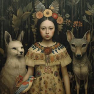 A girl surrounded by birds and animals in a forest.