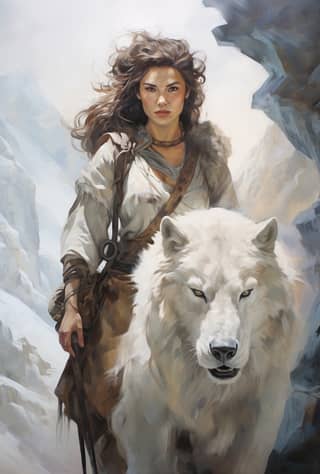 A girl with a white wolf in a snowy landscape.