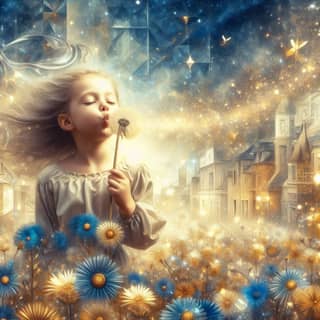 A little girl blowing a dandelion in a field of flowers at night.