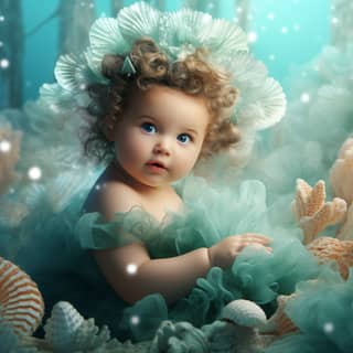 A little girl in a green dress with shells sits in a sea bed.