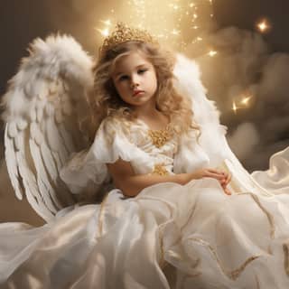 A little girl wearing angel wings and a white dress with a golden crown, in the sky.