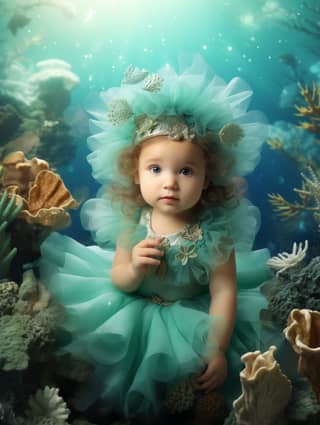 Una niña pequeña con un vestido verde y una corona se sienta en un arrecife de coral en un retrato de sirena submarina.