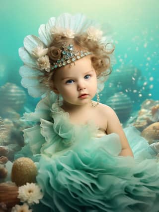 Una bambina piccola indossa un costume di sirena con conchiglie e cerchietto, seduta su un letto di conchiglie.