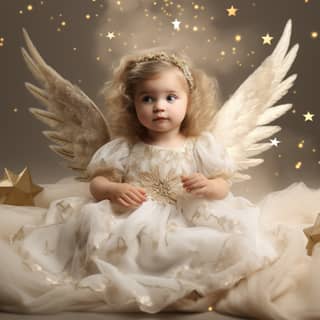 Uma menina pequena usa uma fantasia angelical com asas e uma estrela.