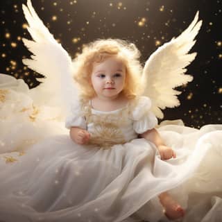 A little girl in a white dress with golden angel wings.