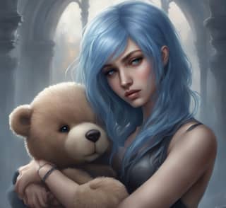 A person with blue hair holding a teddy bear.