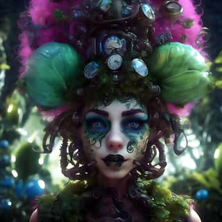 person with green hair and makeup wearing a colorful headpiece and hat.