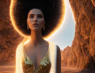 A person with a large afro standing in a desert, with the sun in the background.