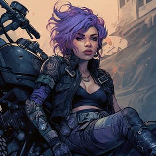 A person with purple hair sits on a motorcycle.