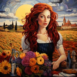 A person with red hair holding a bouquet of flowers.