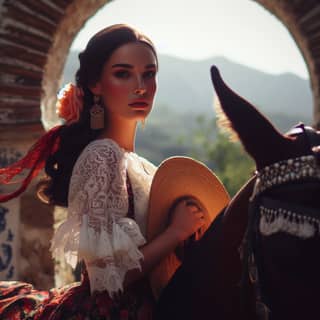 一個穿着傳統墨西哥服裝的人在西班牙村莊騎馬。