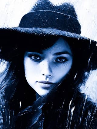 Una persona con un cappello e un cappotto nero è sotto la pioggia.