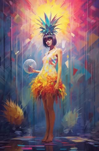 A person wearing a colorful dress and holding a ball with a pineapple on their head.