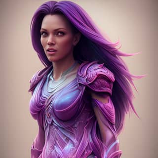 with purple hair and armor and a purple dress.