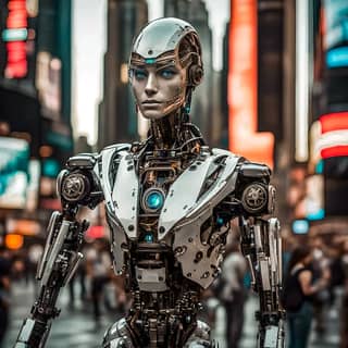 A robot standing in a crowded city filled with people.