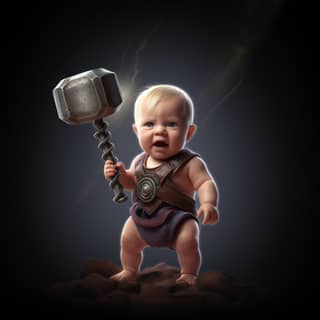 thor baby, a baby. holding a hammer in a dark room.