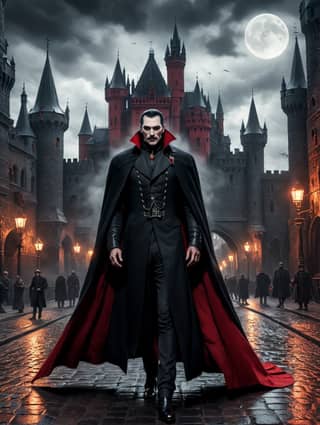 A vampire in dracula costume standing in front of a castle.