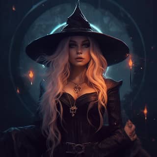 A witch with long white hair, a black hat, dress, and cloak, known as the witch of the moon.