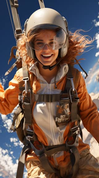 A woman in an orange jacket and helmet is flying in the sky.
