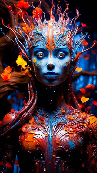 A woman with blue skin, orange hair, and a tree.