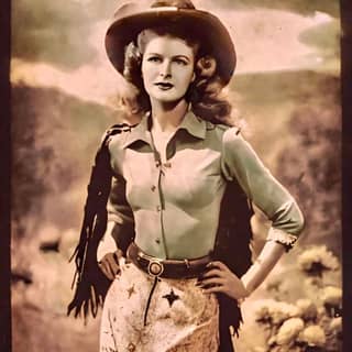 A woman in a cowboy outfit poses for a western movie.