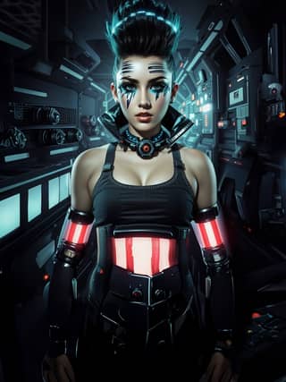 A woman in a futuristic space suit with glowing lights in a sci-fi setting.