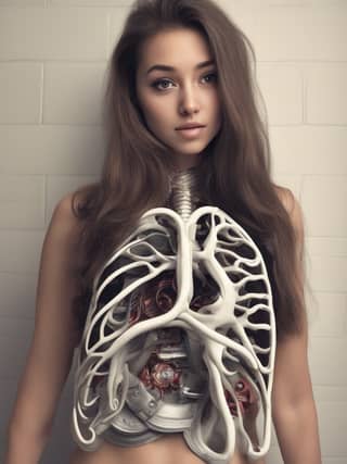 A woman holds a model of the human body with a skeleton inside.