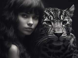 donna con lunghi capelli in bianco e nero e un leopardo
