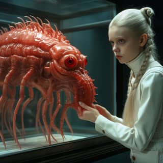 女人看着玻璃箱裏的巨大紅色外星生物