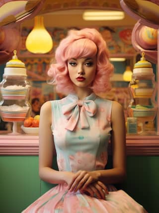 Pembe saçlı bir kadın pasta dükkanının önünde ve bir aynanın karşısında oturuyor.